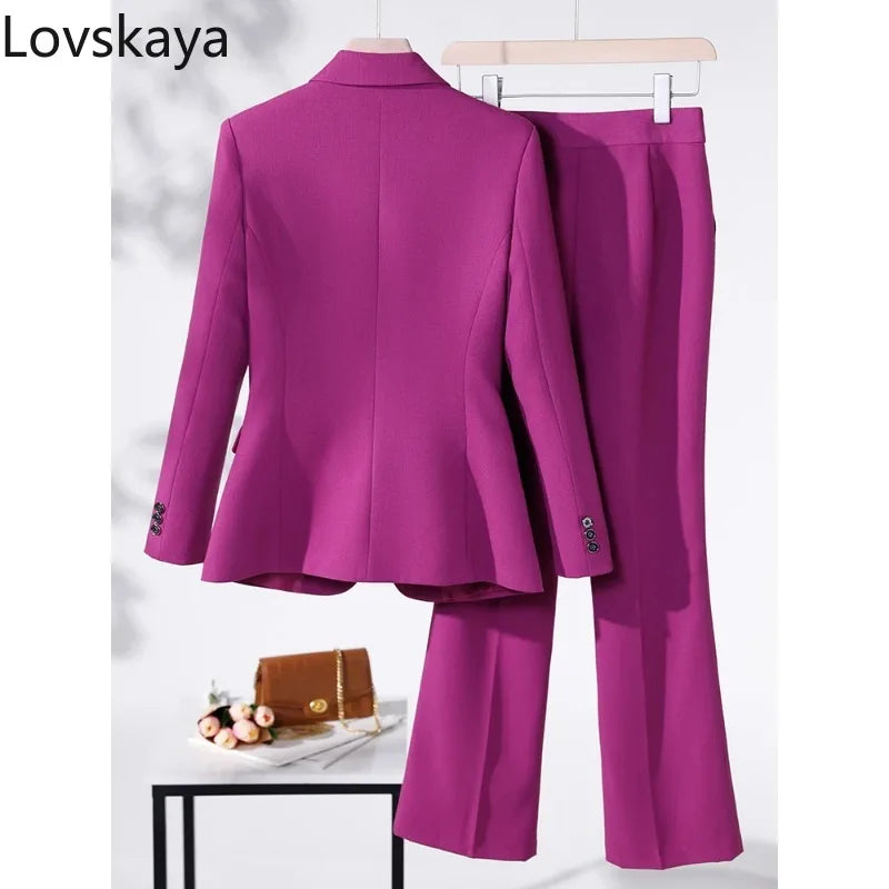 Conjunto de trabajo de negocios de 2 piezas, blazer de manga larga y pantalón de mujer, traje formal en morado, azul, rojo y negro