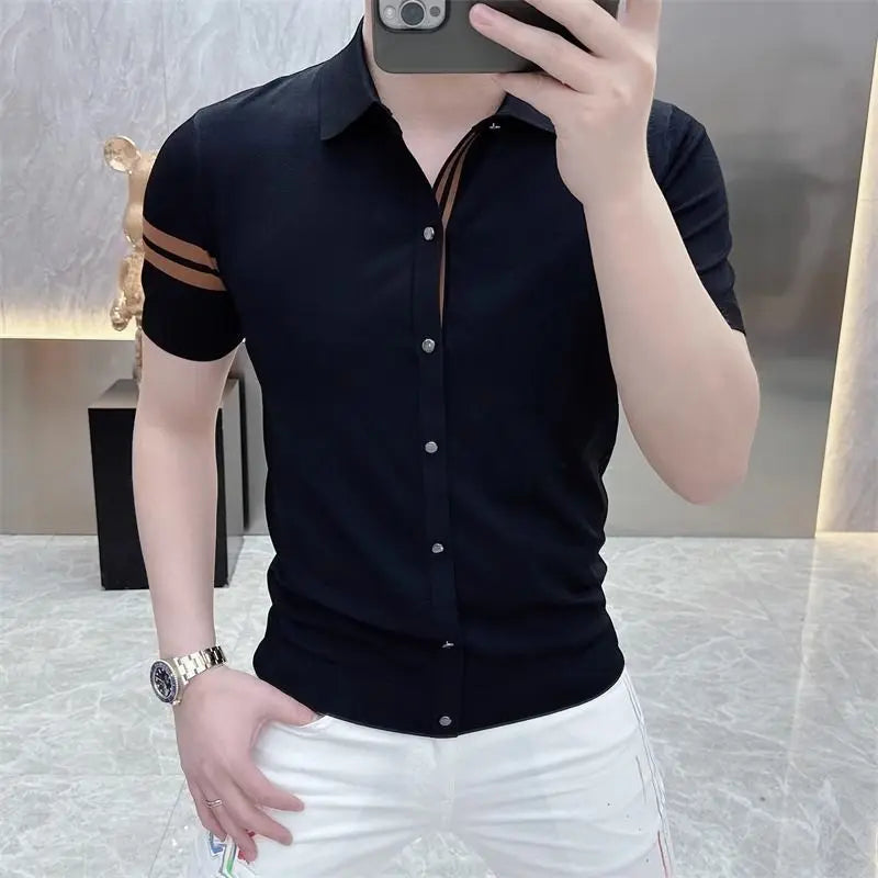 Camisa casual de negocios de lujo ligero para hombre, de manga corta, ajustada, a la moda, con personalidad y alta calidad