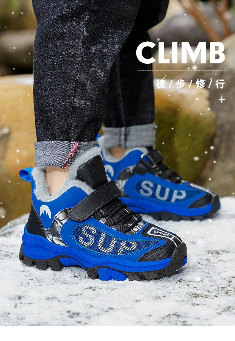 Winter Plus Velvet Hiking Shoes For Kids Non-slip Platform High Top Sports Shoes Boys Outdoor Warm Plush Children's Sneakers