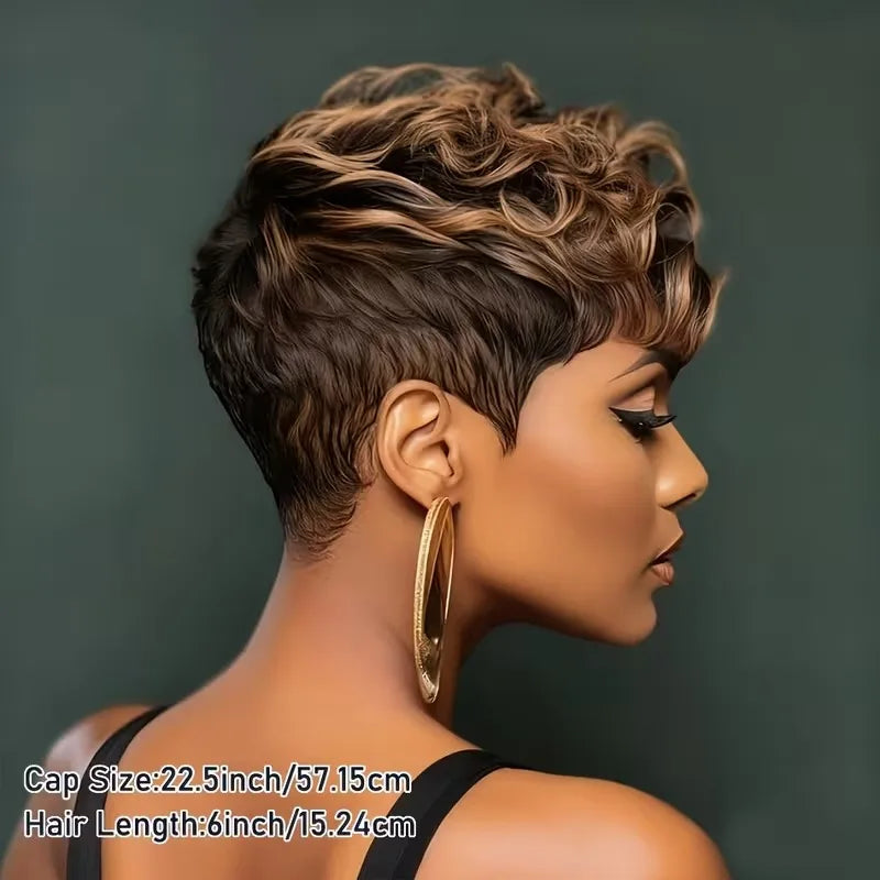 Afro Fluffy Curly Human Hair Wigs Pixie Cut Wig Coffee Brown 100%Human Hair Wig Short Kinky Curly Human Hair Full Machine Wig