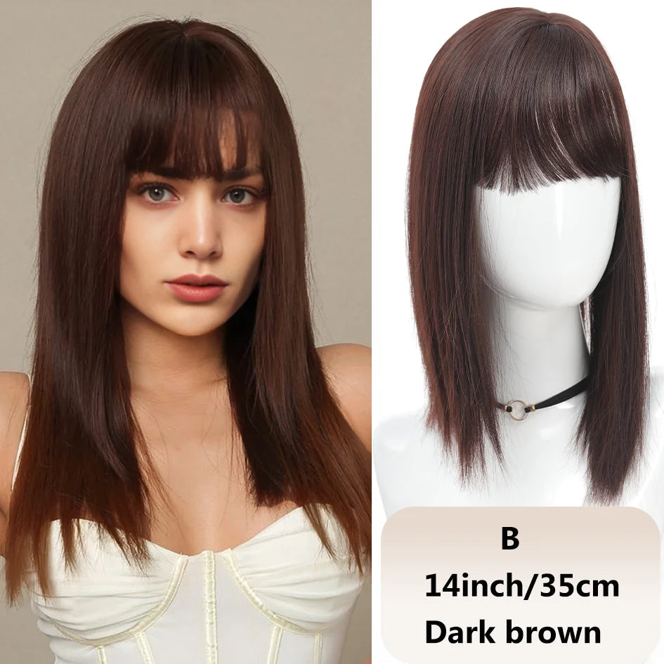 Syntetisk dameparykk med rett hår, 25 cm/30 cm pannelugg, topperstatning, tre kort, svart parykk/brun parykk/beige parykk/khaki parykk