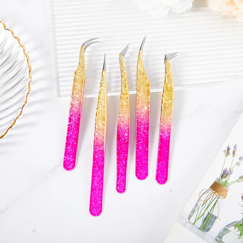 Pinzas para extensiones de pestañas de acero inoxidable de color degradado, pinzas de precisión antiestáticas, herramienta para extensión de pestañas