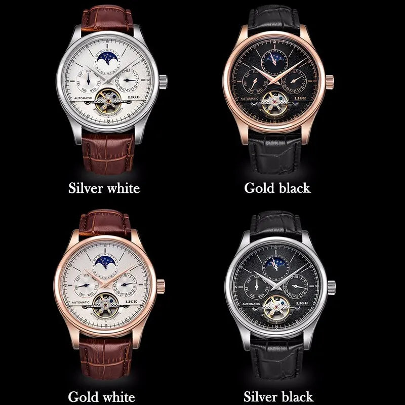 LIGE Relojes para hombre Reloj mecánico automático Reloj Tourbillon Piel auténtica Reloj impermeable Reloj de pulsera militar para hombre