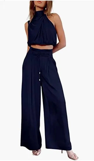 Ensemble deux pièces pour femme, pantalon ouvert au nombril, haut sans manches en soie plissée, pantalon large, ensemble assorti d'été 2024