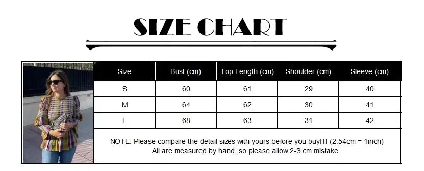 Tops para mujer Vintage a cuadros, elástico, plisado, camiseta informal con cuello redondo, manga larga, dobladillo con volantes, Top, primavera, elegante, para mujer, ropa de calle
