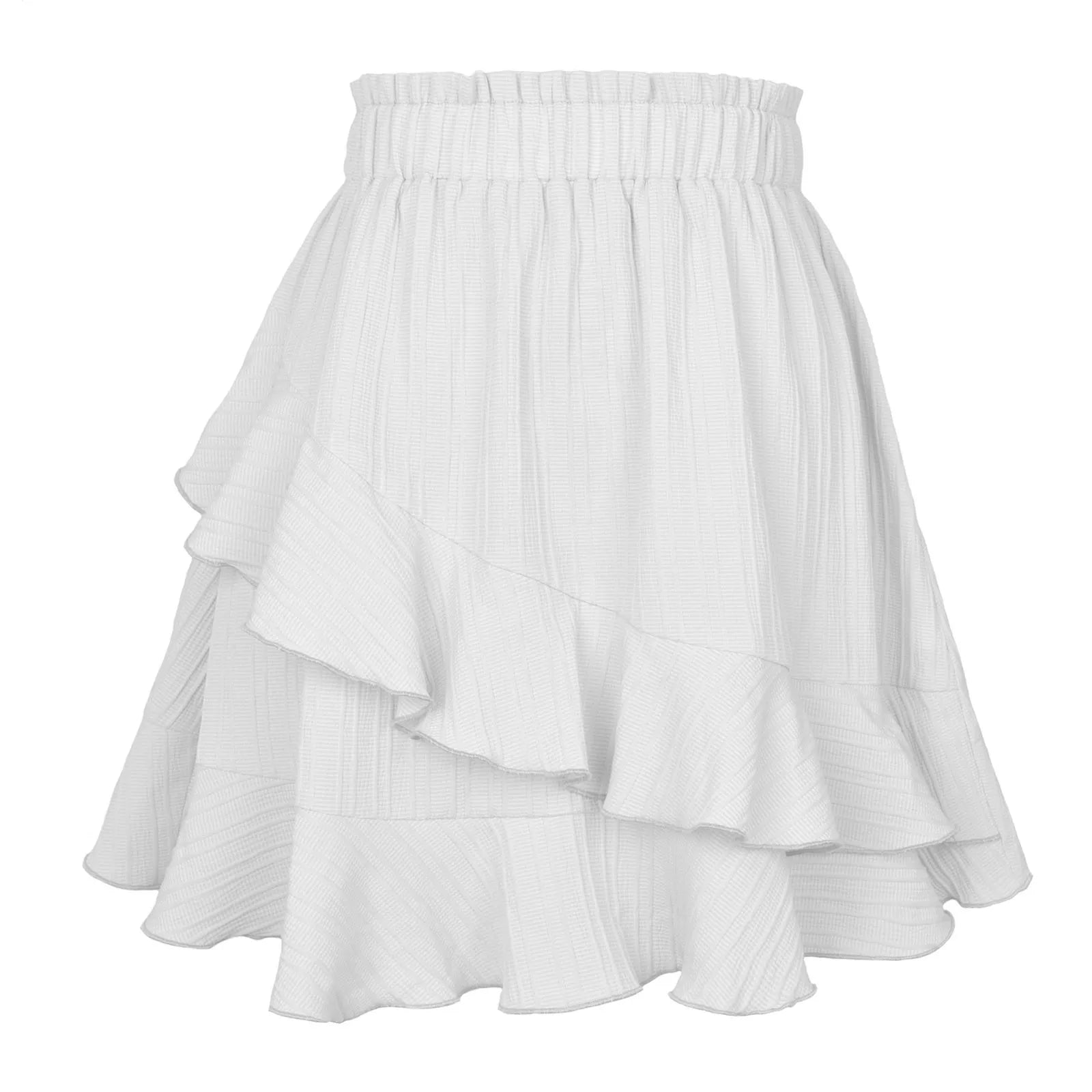 Falda de mujer de moda con volantes, falda corta de cintura alta de color liso irregular, falda de mujer de moda de color liso