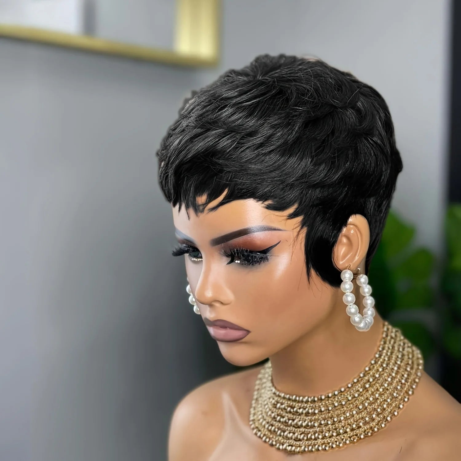 Chic Pixie Cut Wig for Women Brazilian Virgin Human Hair Layered Short Wig with Natural Black Color Machine Made Wig
