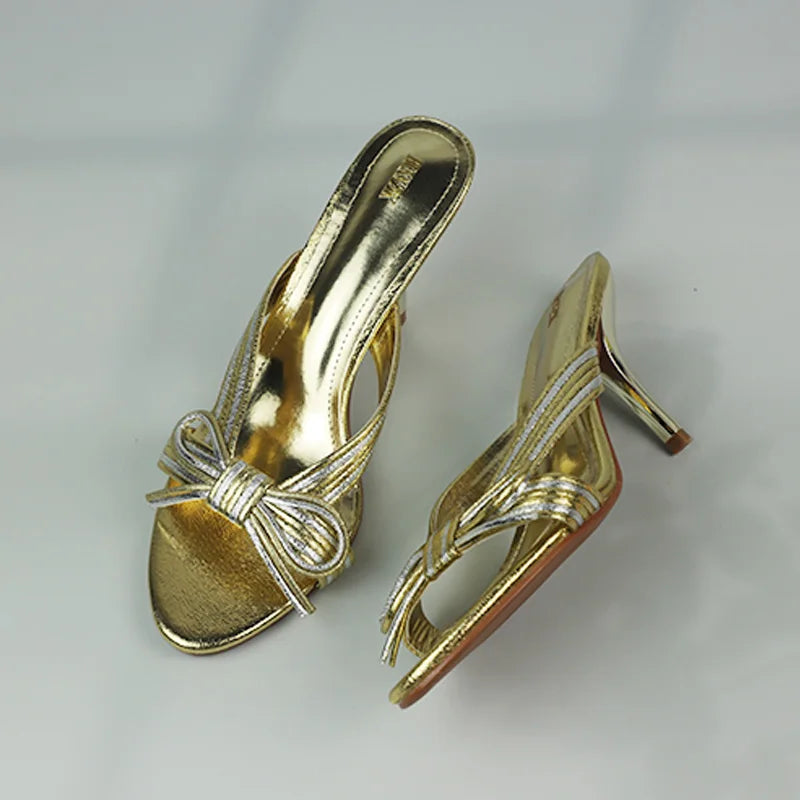 Mules à talons hauts dorées de luxe pour femmes, sandales à bout ouvert, élégantes, chaussures d'été à talons aiguilles, chaussures de soirée classiques avec nœud