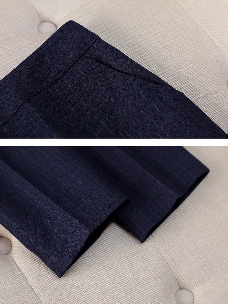 Traje de pantalón para mujer, para oficina, trabajo, conjunto de 2 piezas, blazer formal a rayas negras y azules y pantalón