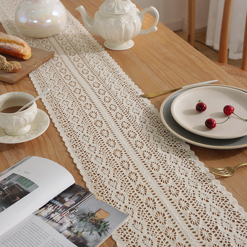 Camino de mesa beige, navideño, de encaje de ganchillo, tela de mezcla de algodón con borlas para la decoración de la mesa de centro y bodas.