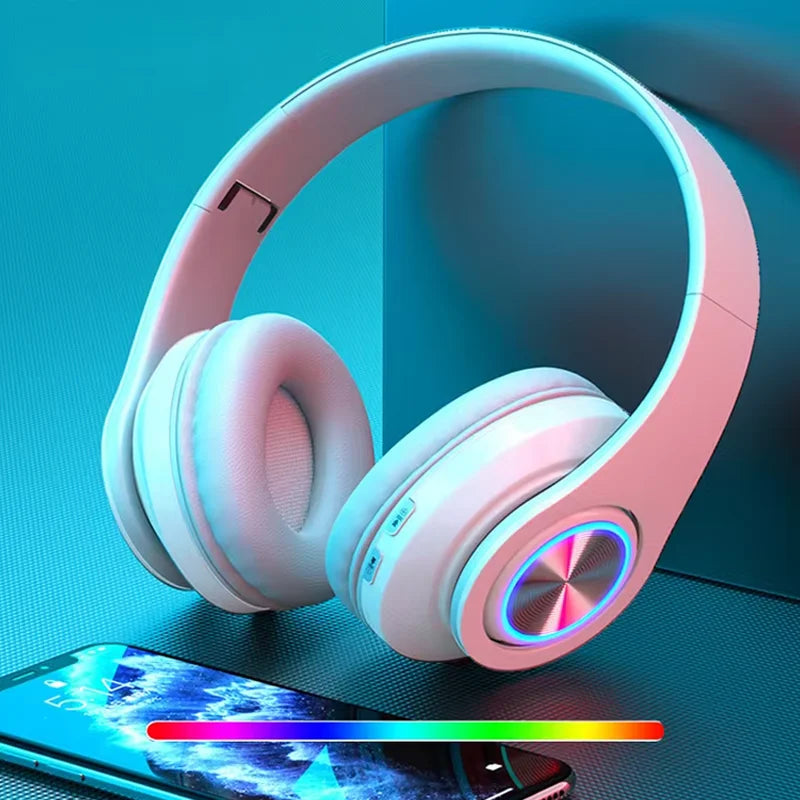 Auriculares de diadema inalámbricos para juegos con Bluetooth, sonido envolvente estéreo, audífonos USB con micrófono, luz colorida para PC y portátil