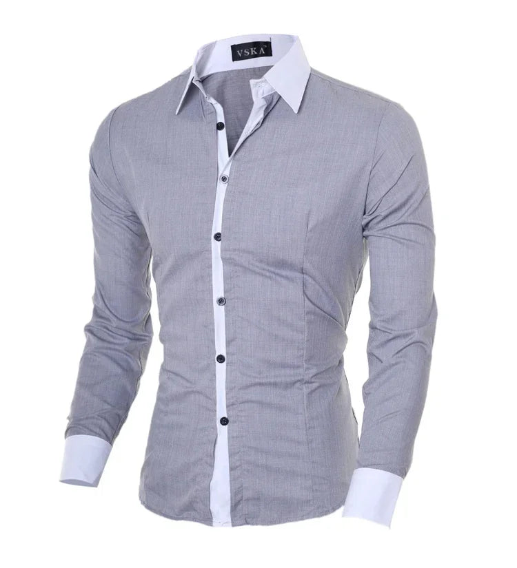 Men Long Sleeve Shirt Spring Striped Shirts Slim Fit Male Casual Social Patchwork Shirt Turn-down Collar Camisa Masculina