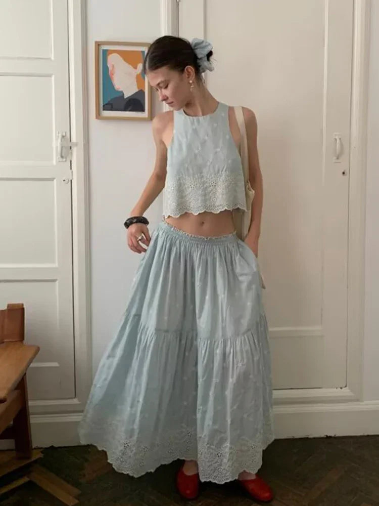 Sleeveless Top Skirt Two Pieces Matching Set for Women Light Blue Vintage Skirt Set French Style Embroidery Cotton Dress Set