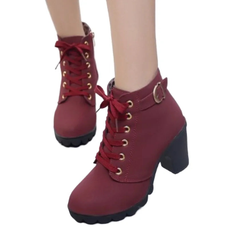 Botines de tacón alto con cordones para mujer – Diseño de plataforma con hebilla de moda
