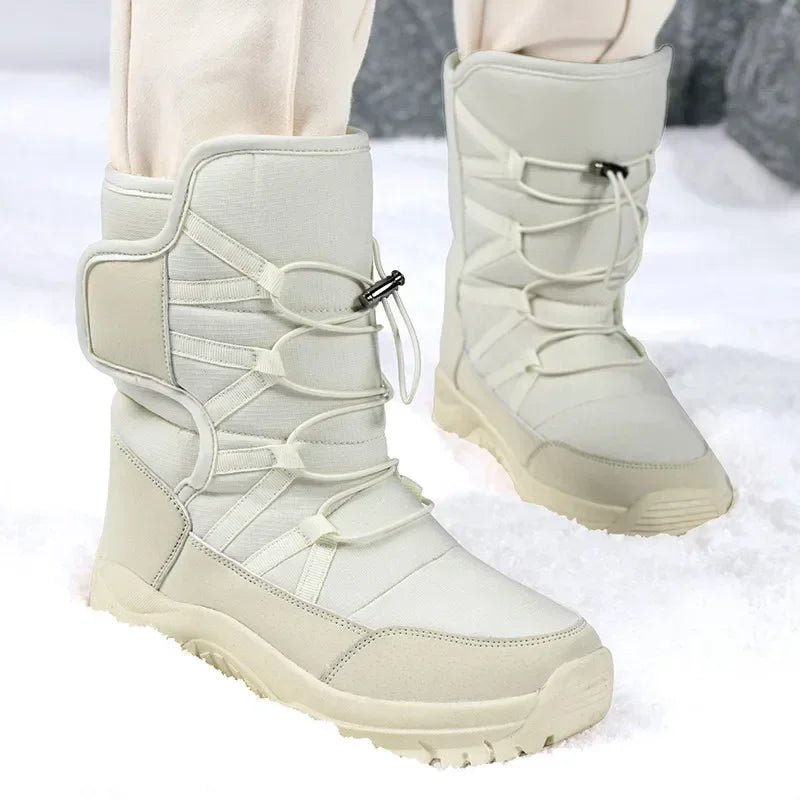 New Winter Women Boots Warm Plush Mid-Calf Women's Snow Boots Lace-up Outdoor Waterproof Hiking Boots Chaussures Femme Size 42