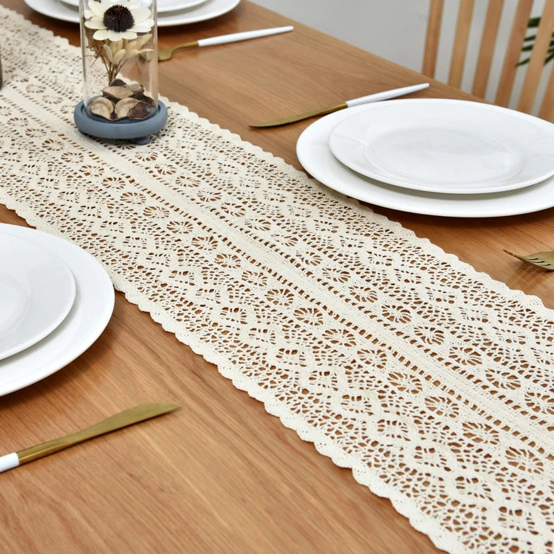 Camino de mesa beige, navideño, de encaje de ganchillo, tela de mezcla de algodón con borlas para la decoración de la mesa de centro y bodas.