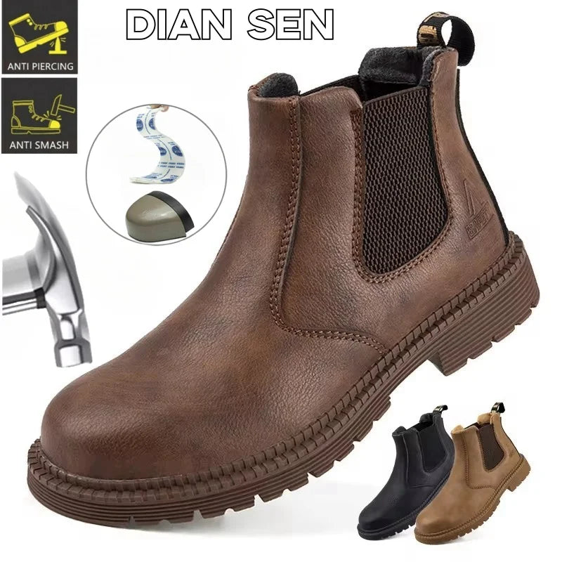 Zapatos de seguridad impermeables para hombre, botas de cuero con punta de acero, calzado masculino, botas de trabajo de construcción indestructibles, color marrón