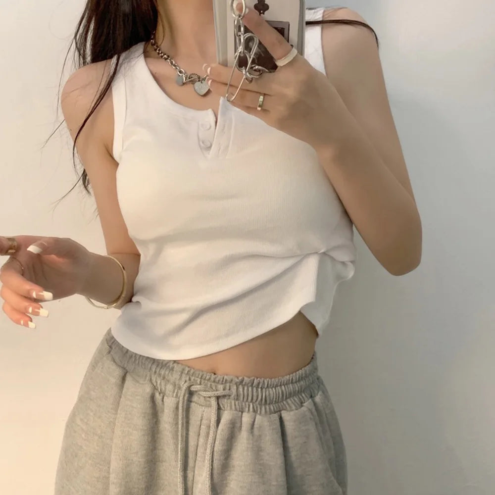 Camiseta sin mangas para mujer de canalé con botones, blusa sin mangas, color liso, informal, para mujer y adolescente, moderna, básica, vestidos de verano