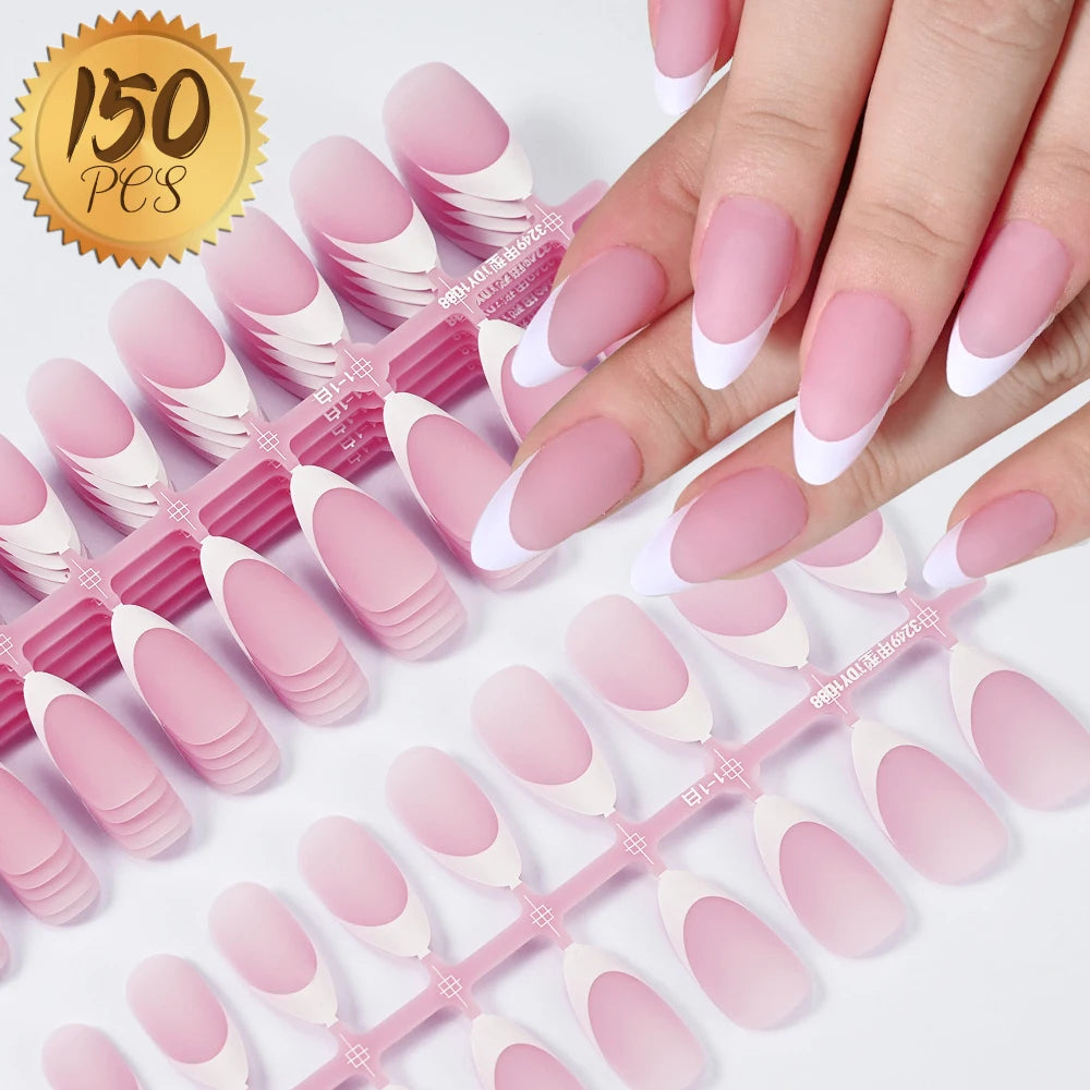 150/100/24Pcs Pink Matte French Press On Nail Tips Soft Full Cover Fake Nails Oval Almond False Nails Natural Extension Manicure
