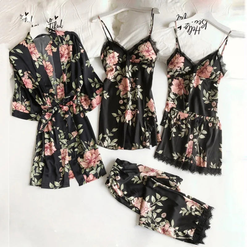 Pijama para mujer verano sexy pijama conjunto de cinco piezas pijama de tirantes para mujer ropa de casa con almohadilla para el pecho bata