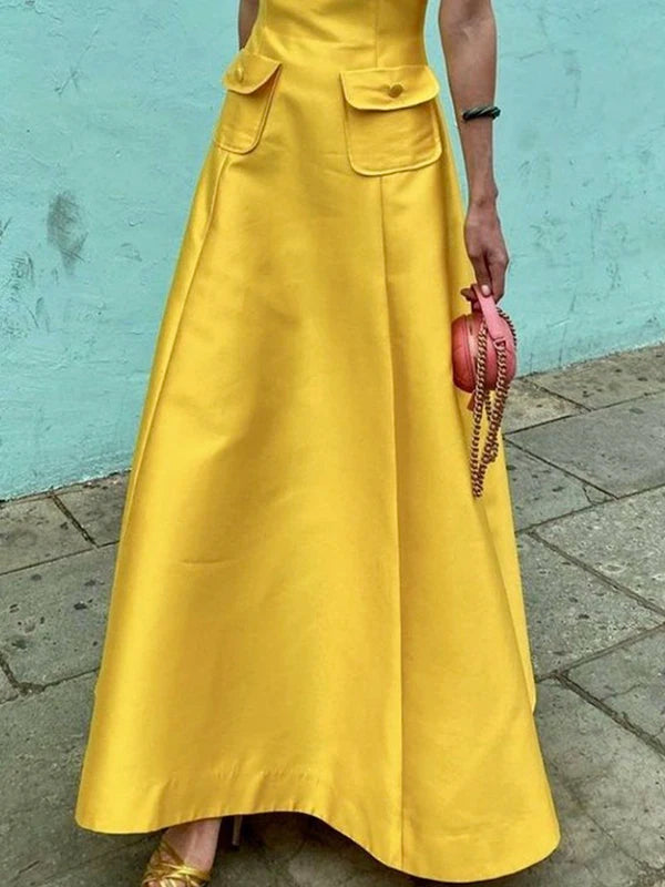 Vestidos Maxi de Fiesta Elegantes de Noche para Mujer, Verano, Manga Corta, Bolsillos, Color Sólido, Cuello Redondo, Corte A