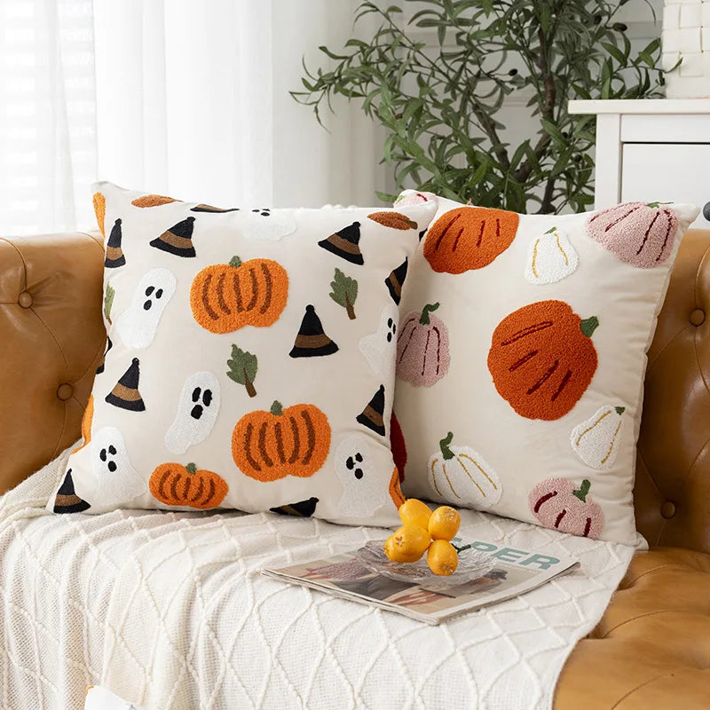 Funda de cojín bordada con toalla, bordado de calabaza de Halloween, funda de cojín de oficina de otoño
