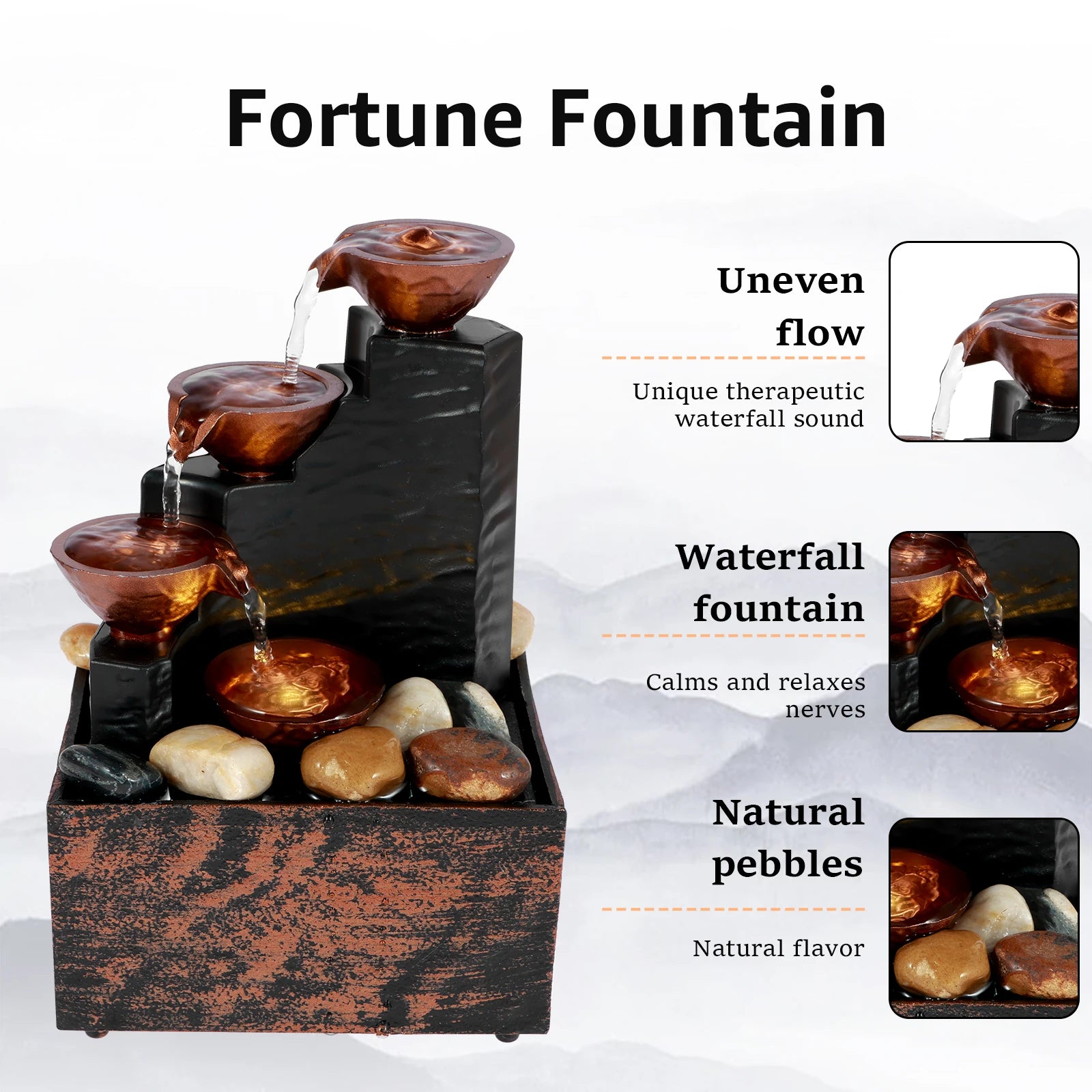 Fontaine de table, petite fontaine cascade, décoration de bureau avec lumière et galets, alimentée par USB, son relaxant, fontaine décorative