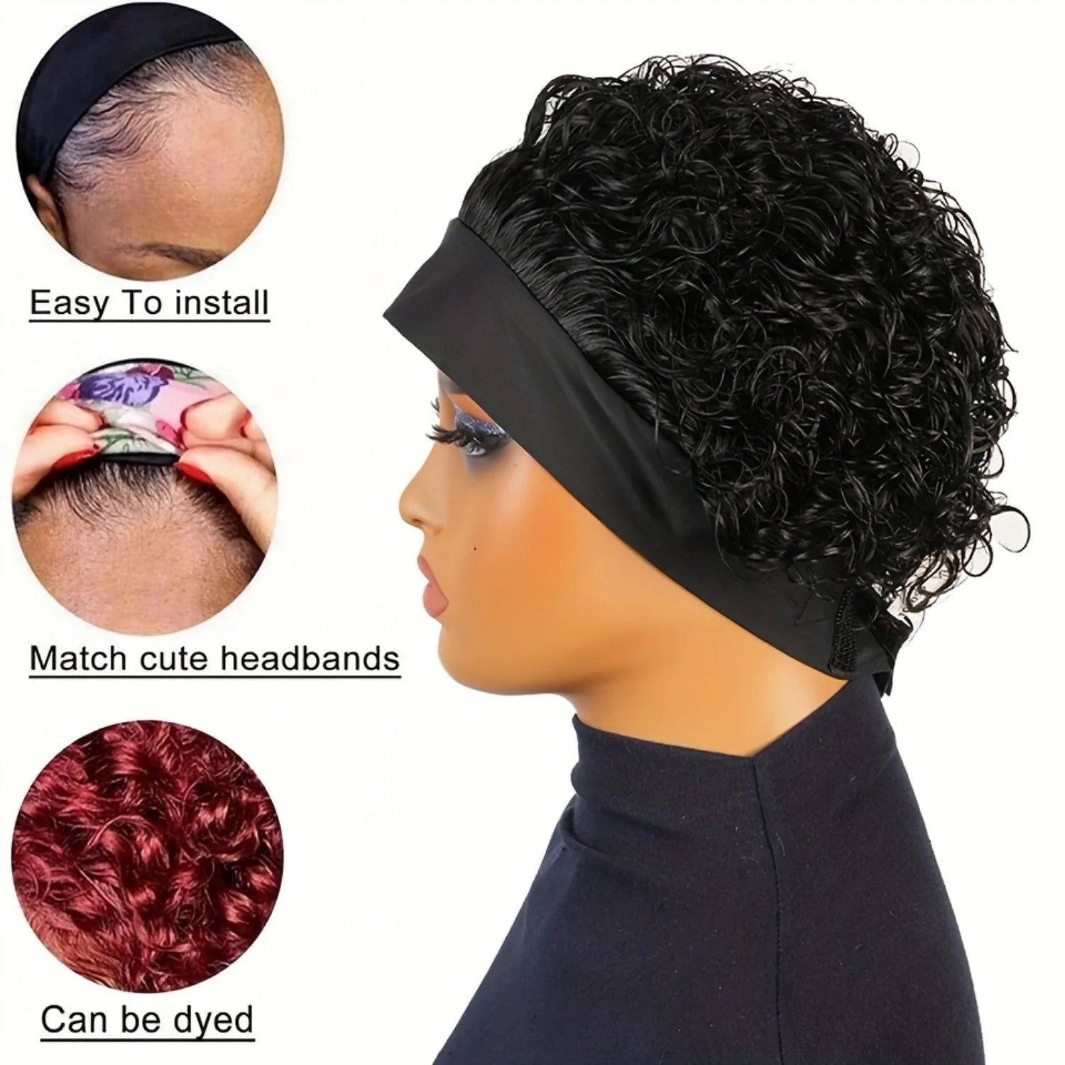 Stylish Pixie Cut Headband Wig for Women -headband wig Short Curly Human Hair, Natural Black, Full Machine Made Wig