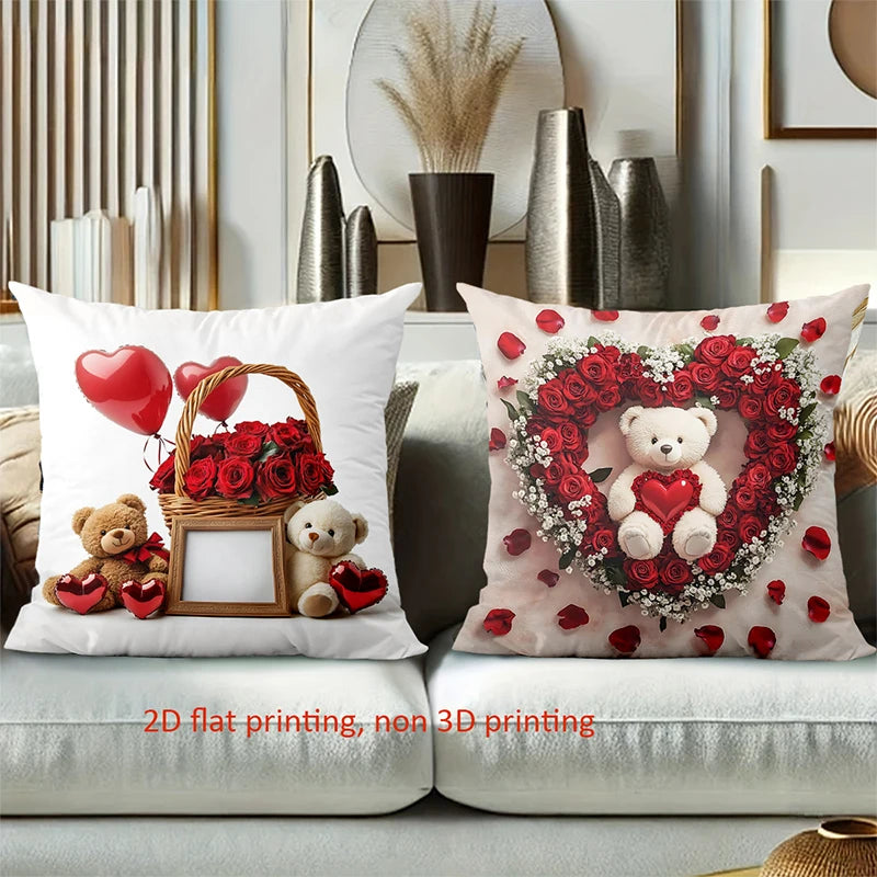 Teddybjørn Rose Hjerte Puter 2D Flat Print Polyester Putetrekk, Sofa Dekorativ Putetrekk Hodegavl Pute