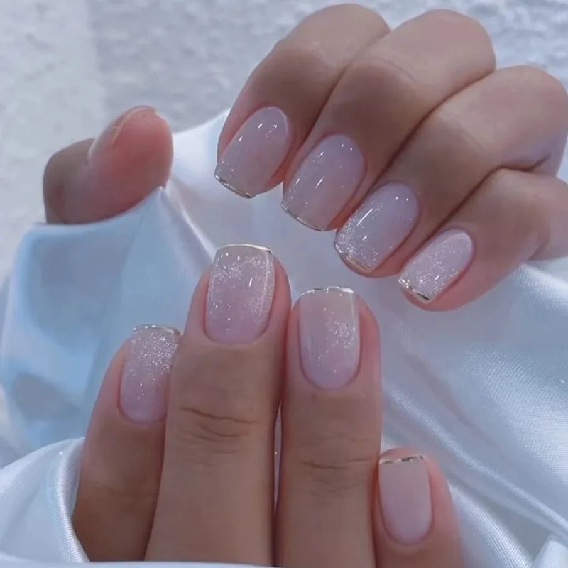 24 Uds uñas postizas de degradado blanco, cortas, cuadradas, bailarina, sencillas, de presión, usables, de color nude, puntas de manicura de cubierta completa