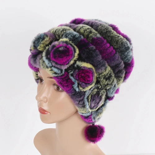 Hot Sale Winter Women Flowers Striped Natural Real Rex Rabbit Fur Hats Lady Warm Knit Genuine Fur Caps Russian Outdoor Fur Hats