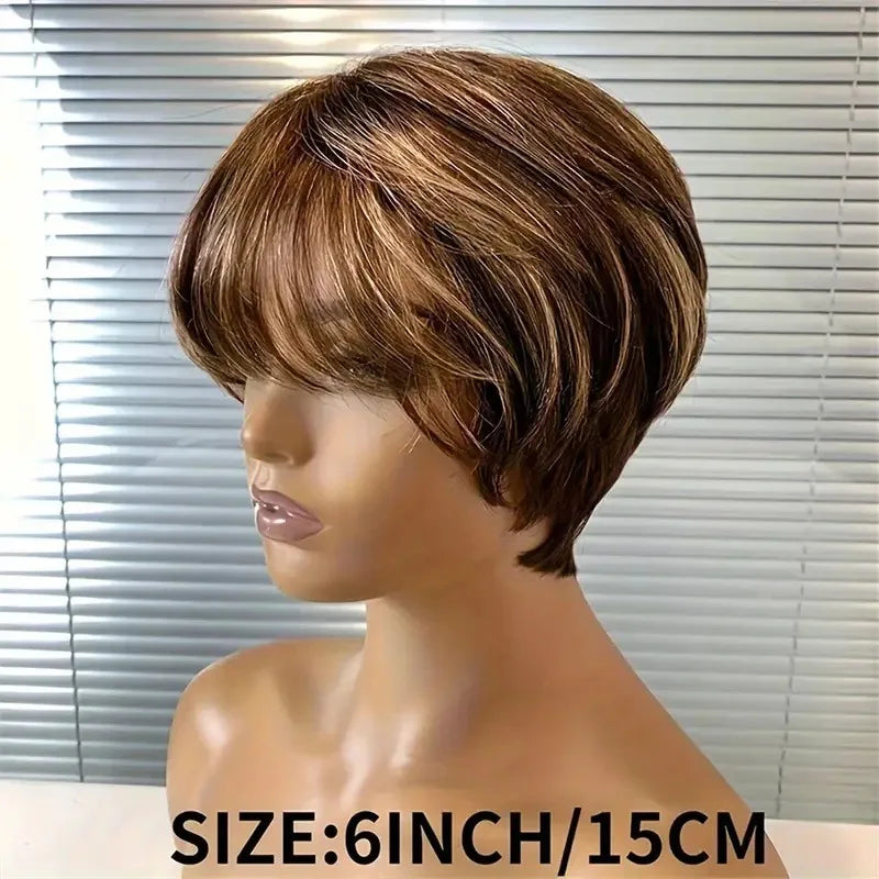 High Quality 6 Inch Pixie Wigs Color P4/27 for Women Full Machine Made Brazilian Virgin Remy Human Hair Soft Comfortable