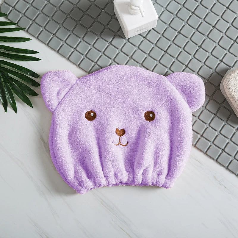 Gorro de pelo seco para mujer, de secado rápido, absorbente, de microfibra gruesa, toalla para la cabeza, gorro de ducha coreano bonito con oso bordado