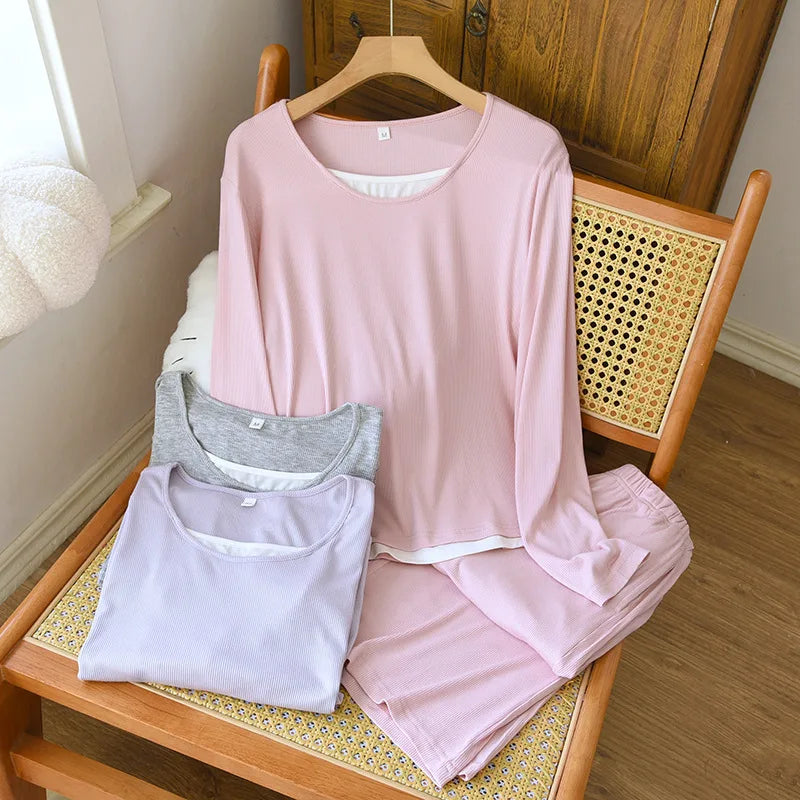 Women's Pajamas Set Two Piece Sleepwear Combed Cotton Pyjamas New Spring Autumn Long Sleeve Night Suits For Woman Nightwear