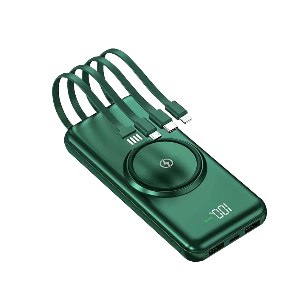 Batería externa de carga rápida inalámbrica, gran capacidad, USB, 4 en 1, carga superrápida, cable de alimentación cuádruple integrado, portátil, alta capacidad