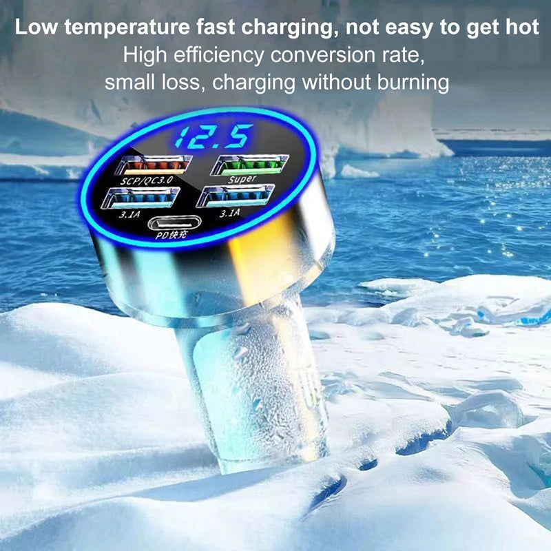 Cargador de coche PD de 250 W, carga rápida QC3.0, enchufe de encendedor de cigarrillos para coche 6 en 1, cargador de coche de 5 puertos con carga rápida y pantalla digital