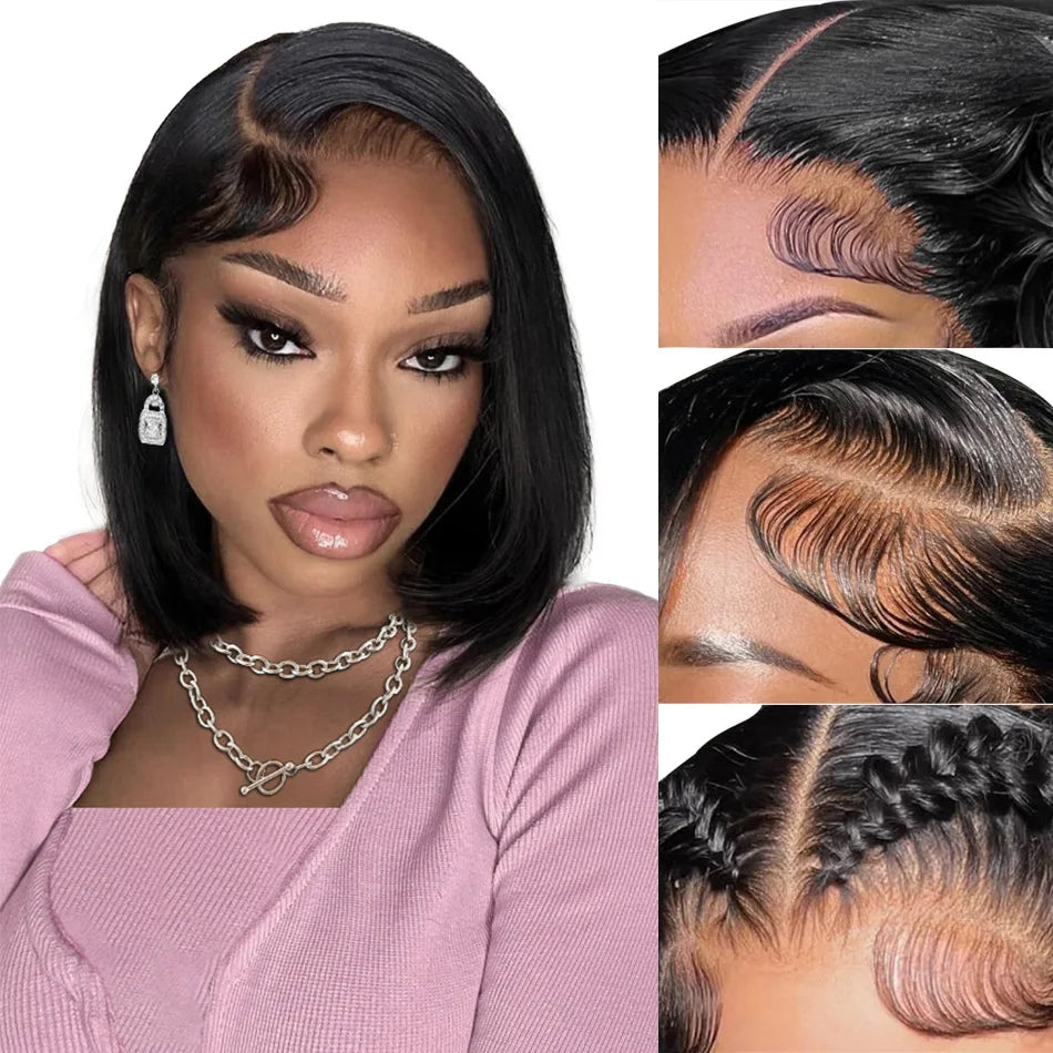 Pelucas de cabello humano Bob 13x6 pelucas delanteras de encaje 220 densidad cortas y lisas Hd Pelucas frontales de encaje transparente Cierre brasileño para mujeres