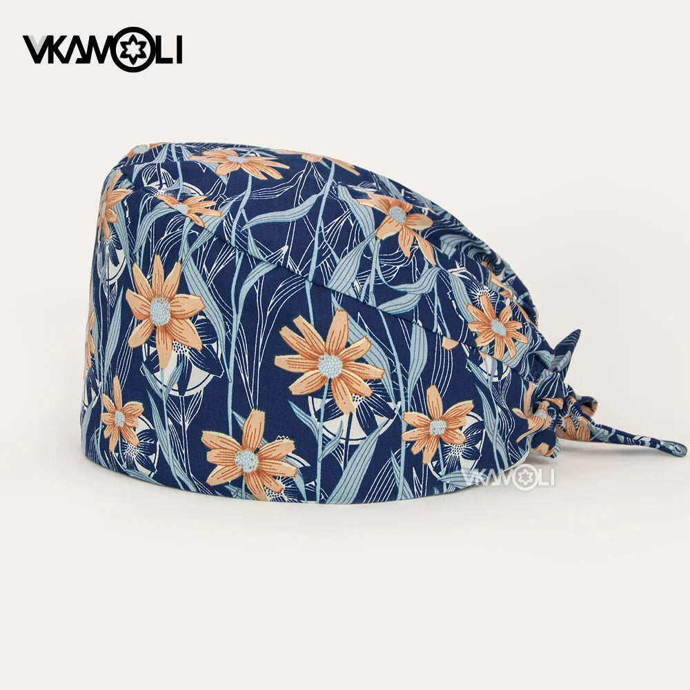Gorros de enfermería de moda ajustables de algodón con estampado de flores Sombreros ajustables de alta calidad que absorben el sudor Gorro elástico multicolor
