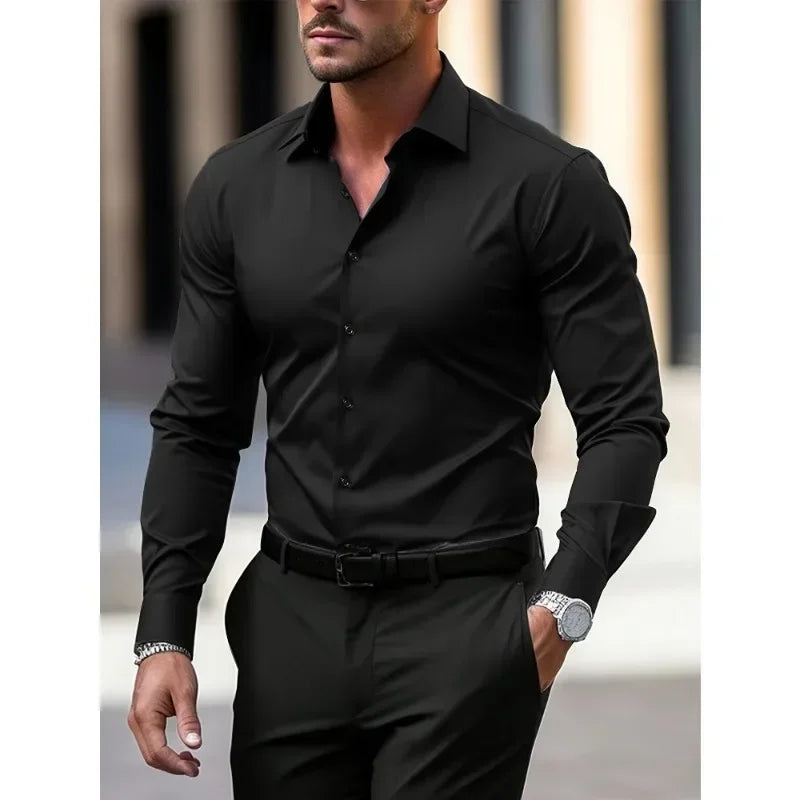 Men's Shirt Brand New Solid Color Long Sleeve Smart Casual Four Season Elastic Male Business Shirts