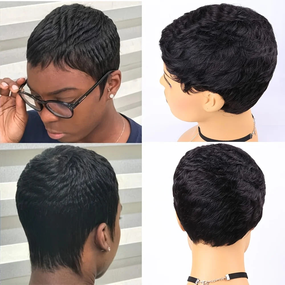 natural black/99j/27 color 150% density 4inch machine made remy hair wigs for women short layered pixie cut human hair wig