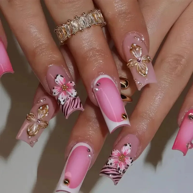 24 Uñas postizas largas a presión, de cobertura completa, con diseño de mariposa francesa, forma de ataúd, purpurina, pequeños diamantes, manicura portátil, puntas de uñas artificiales