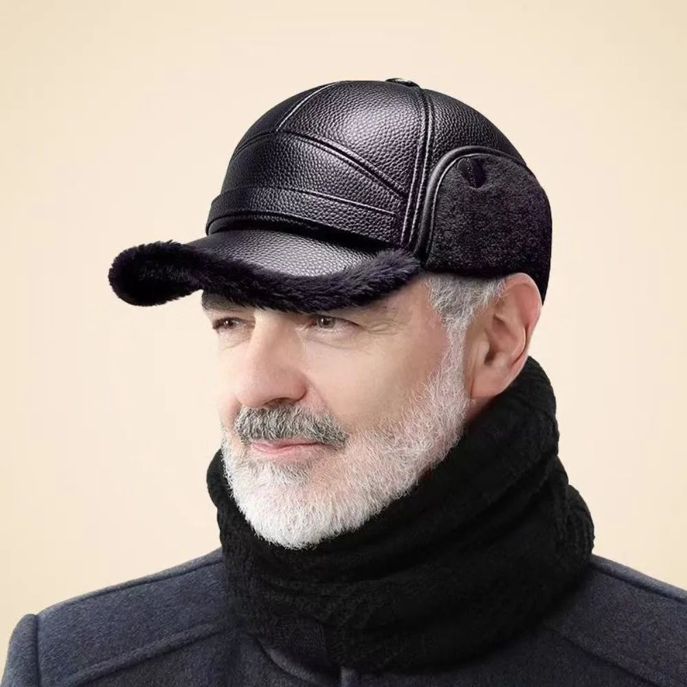High Quality PU Leather Baseball Cap Cold Proof with Earflaps Thermal Hat Windproof Ear Protection Hat Winter