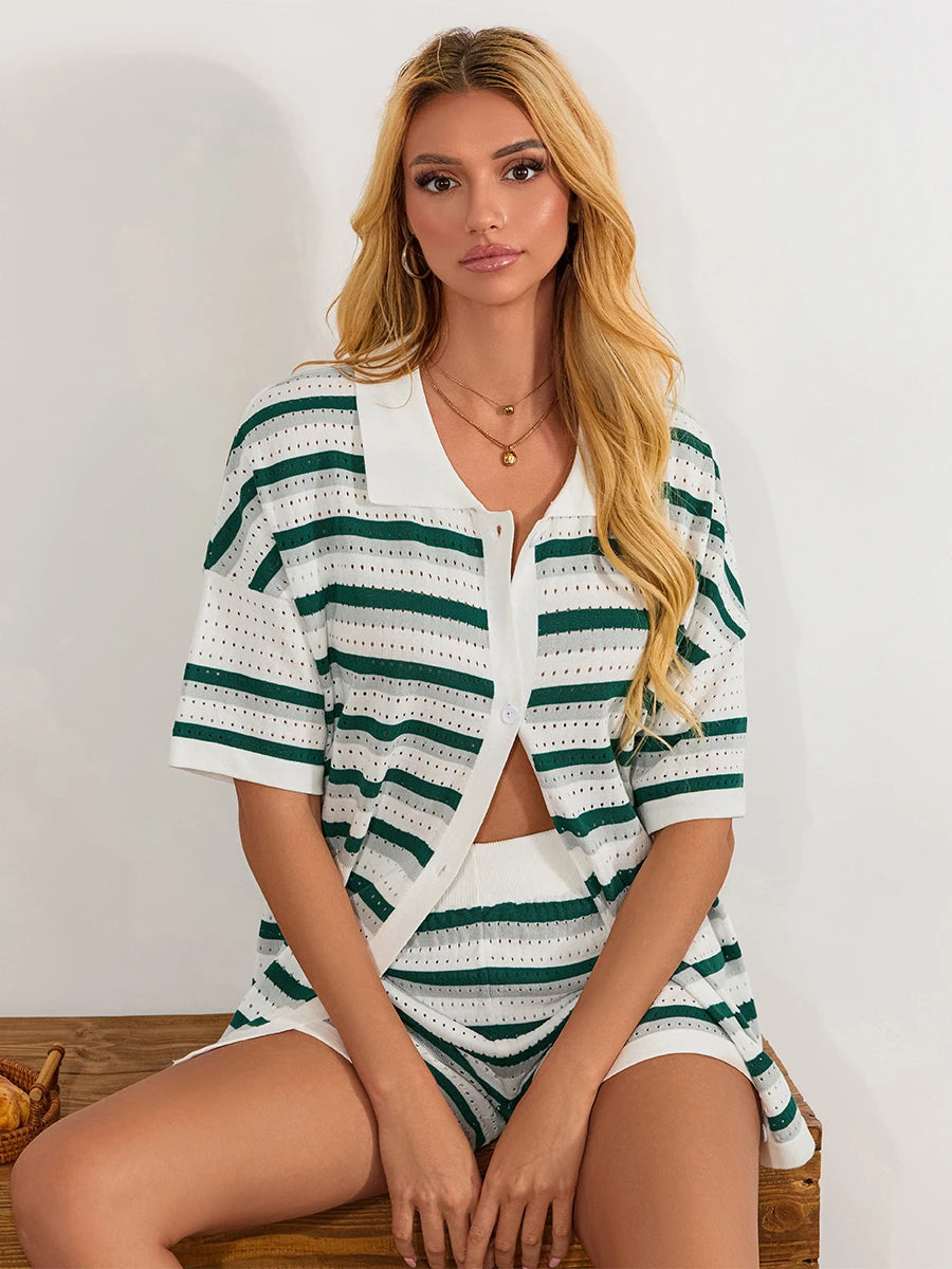 Conjunto de Pijama de Mujer de 2 Piezas Trajes de Salón Verano Rayas Contraste de Color Botón Tops de Punto de Ganchillo y Pantalones Cortos Conjuntos de Salón Playa