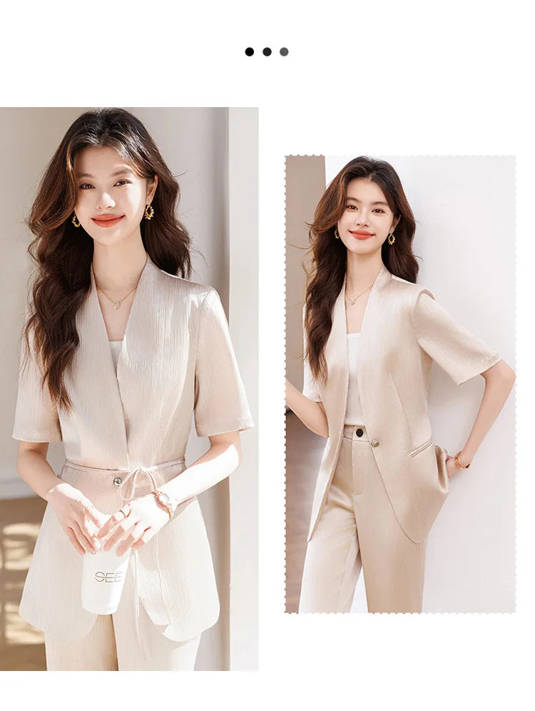 Damebuksedress med belte Sommer Kortermet V-hals Blazer og bukser Sett Elegant Kontorarbeidstøy Lilla Mote 2025