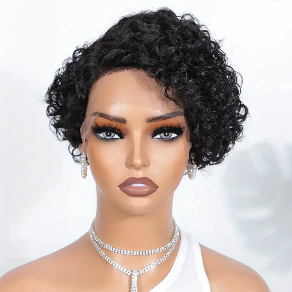 13x4 Gjennomsiktig Blonde Krøllete Pixie Parykk