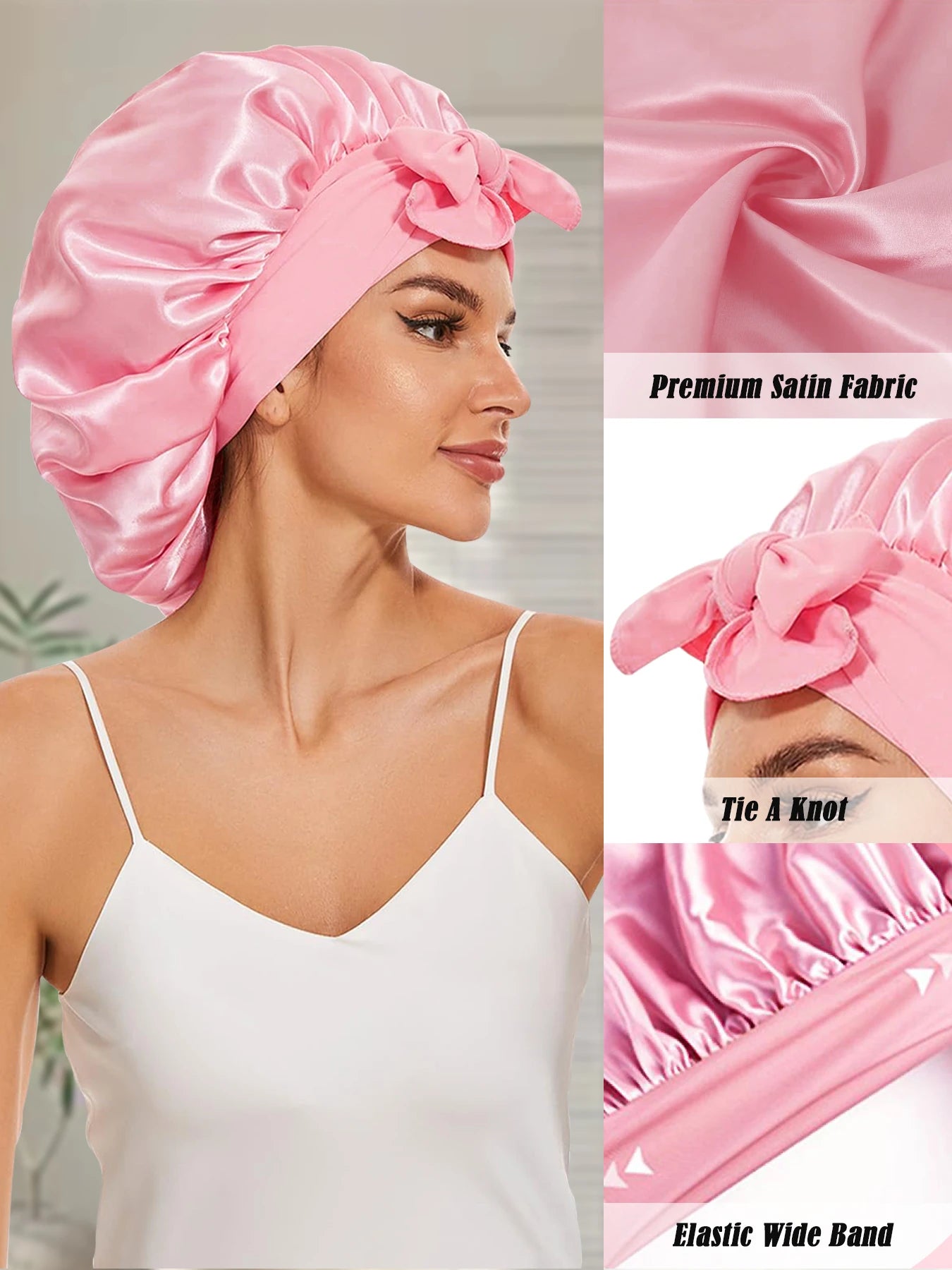 Bonnet de nuit en soie (lot de 2) avec élastique à nouer, double épaisseur, bandeau élastique doux.