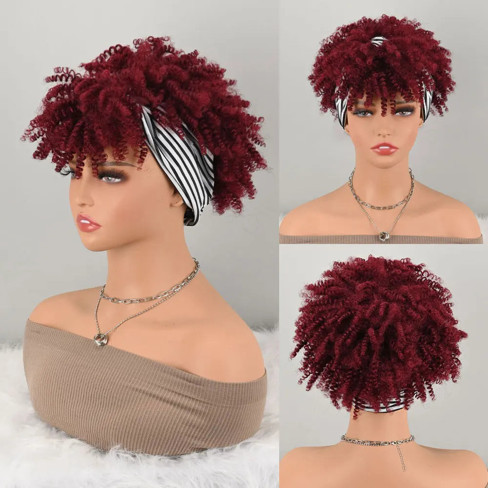 Pelucas con Diadema para Pelucas Afro Cortas Sintéticas Rizos Kinky Pelucas Envolventes con Flequillo Rojo Vino Oscuro 2 en 1 Peluca Turbante con Cordón Peluca con Moño Alto