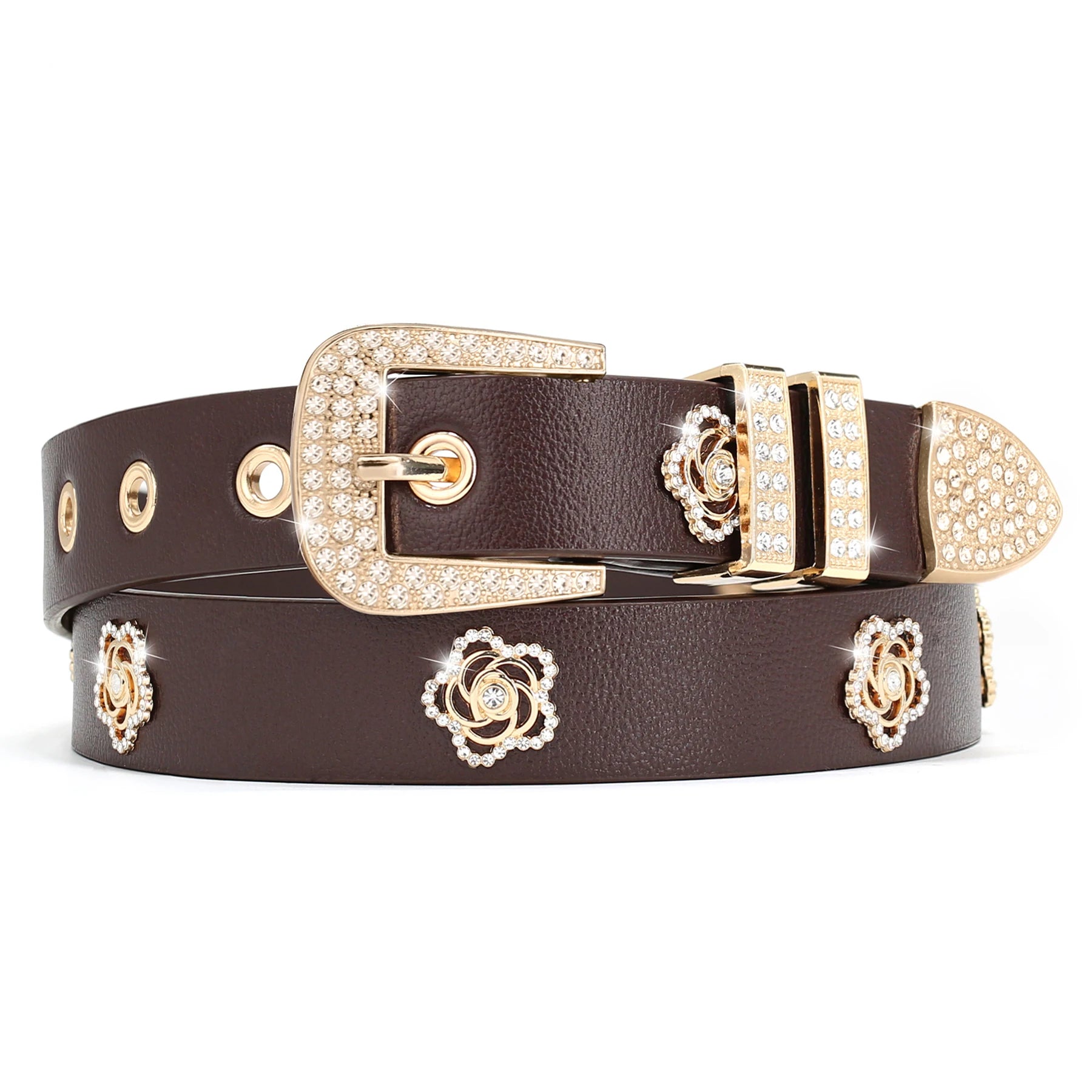 Studded Belt For Women, Girl's Rhinestone Skinny Floral Rivet Punk Y2K Faux Leather Belts For Jeans Pants Dresses