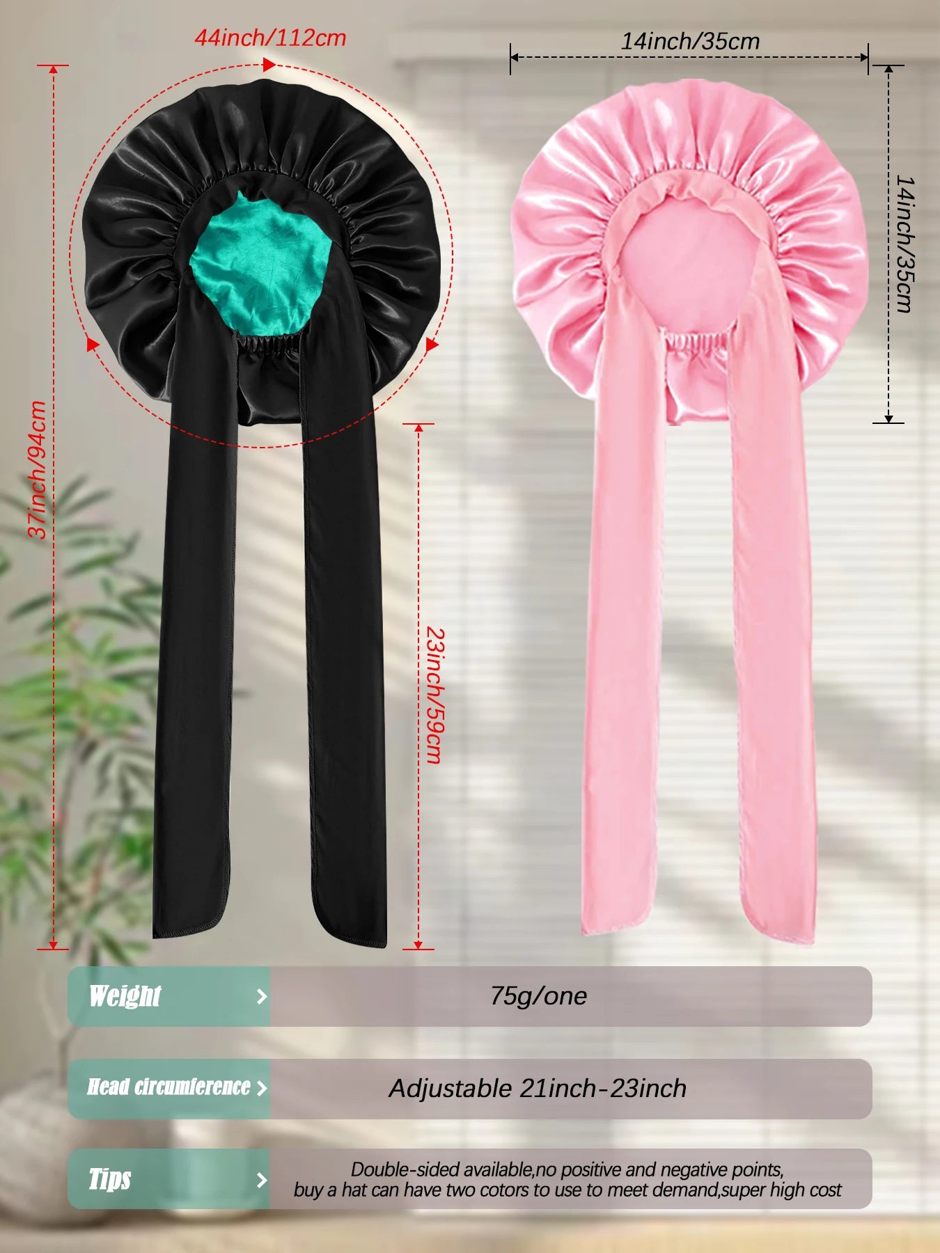 Bonnet de nuit en soie (lot de 2) avec élastique à nouer, double épaisseur, bandeau élastique doux.