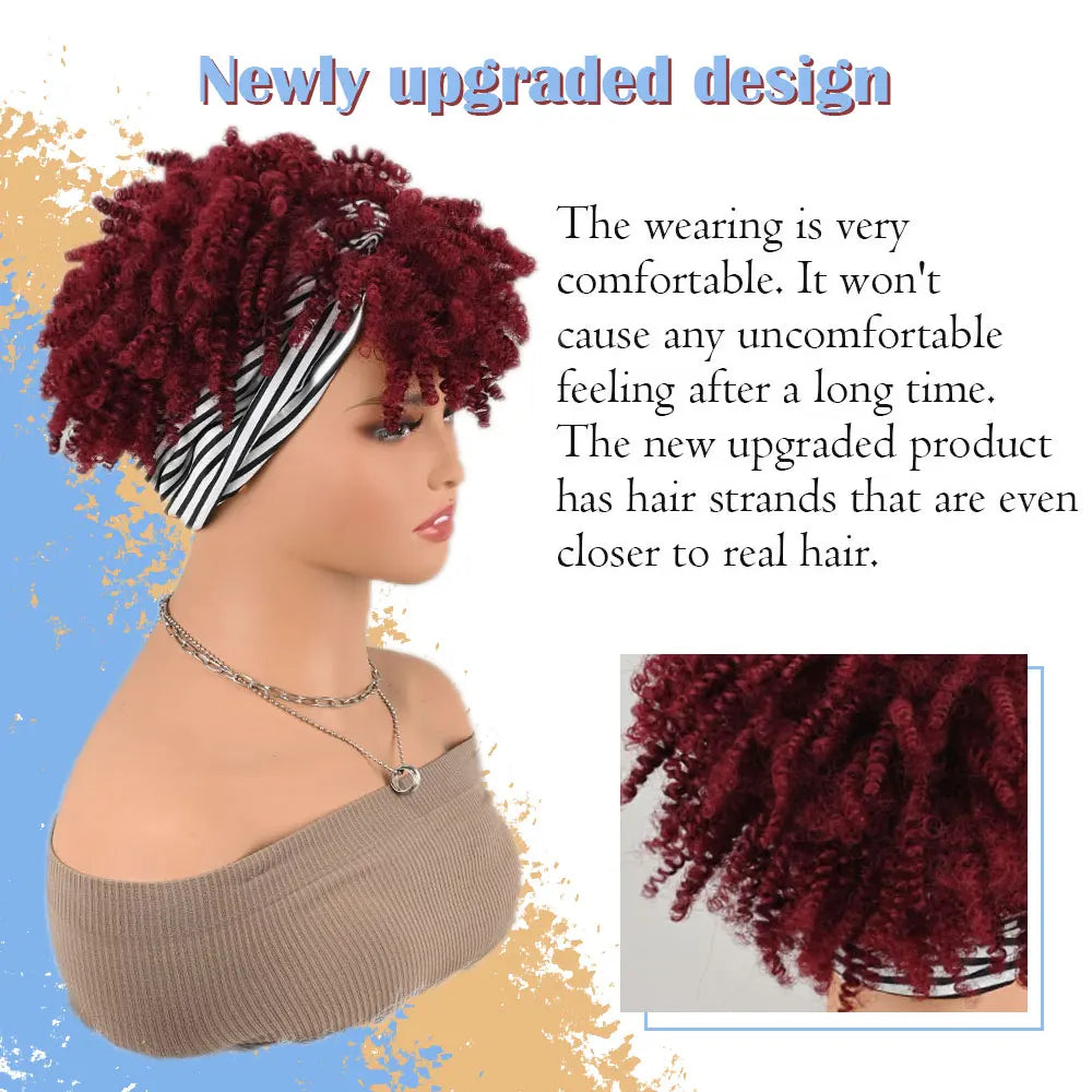 Pelucas con Diadema para Pelucas Afro Cortas Sintéticas Rizos Kinky Pelucas Envolventes con Flequillo Rojo Vino Oscuro 2 en 1 Peluca Turbante con Cordón Peluca con Moño Alto